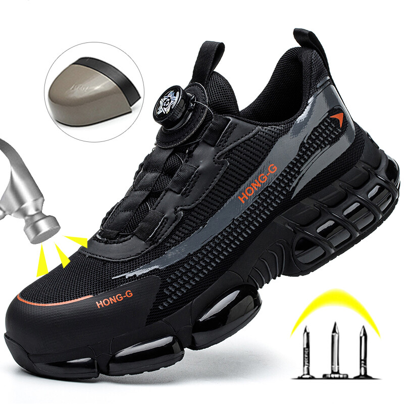 Pantofi de protecție indestructibil pentru bărbați, cu buton rotativ, cizme de siguranță cu vârf de oțel, cu pernă de aer, cizme de siguranță, pantofi de lucru anti-zdrobire