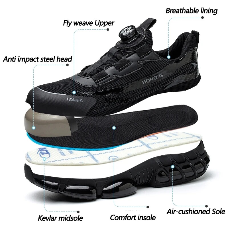 Pantofi de protecție indestructibil pentru bărbați, cu buton rotativ, cizme de siguranță cu vârf de oțel, cu pernă de aer, cizme de siguranță, pantofi de lucru anti-zdrobire