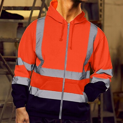 Hanorac cu glugă cu dungi reflectorizante pentru bărbați, cu mânecă lungă, cu fermoar, pulover cu glugă, pentru lucrătorii sanitari, haine de lucru, hanorac