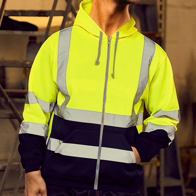 Hanorac cu glugă cu dungi reflectorizante pentru bărbați, cu mânecă lungă, cu fermoar, pulover cu glugă, pentru lucrătorii sanitari, haine de lucru, hanorac