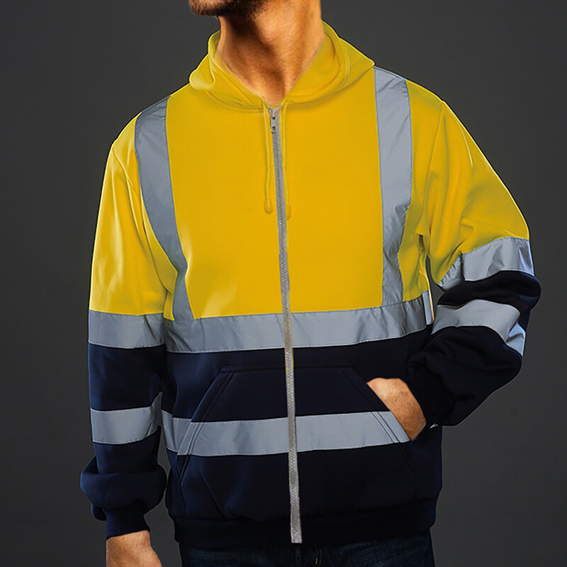 Hanorac cu glugă cu dungi reflectorizante pentru bărbați, cu mânecă lungă, cu fermoar, pulover cu glugă, pentru lucrătorii sanitari, haine de lucru, hanorac