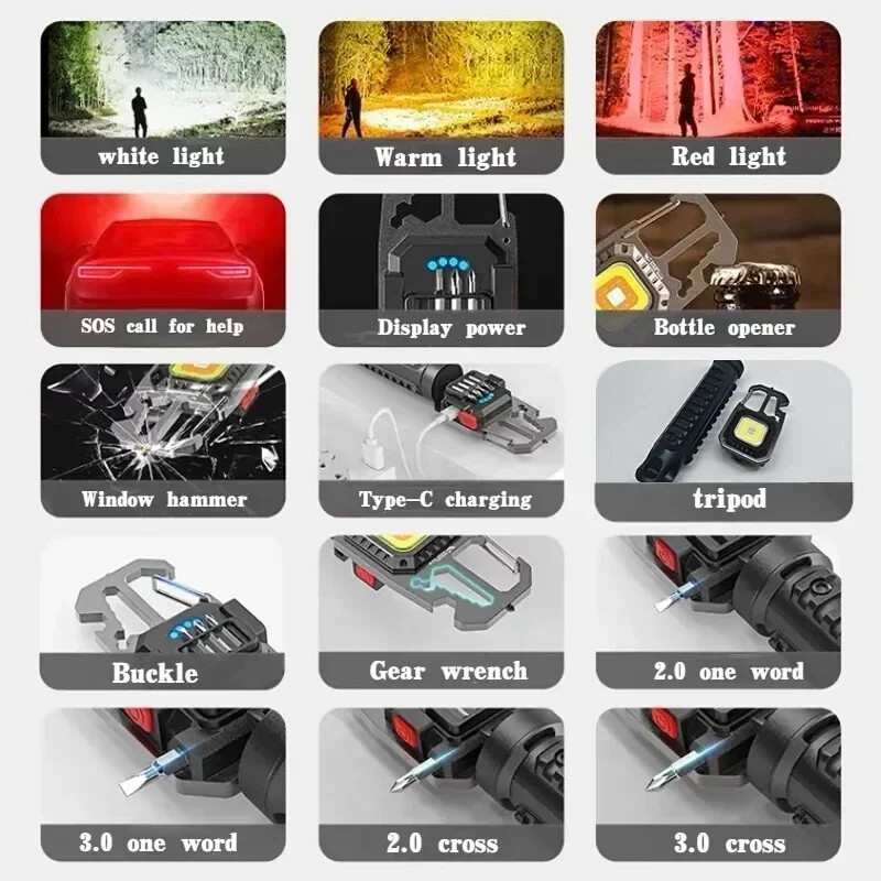 Mini LED nešiojamasis raktų pakabuko žibintuvėlis lauko COB darbo šviesos avarinis apšvietimas su lango plaktuku butelių atidarytuvu.