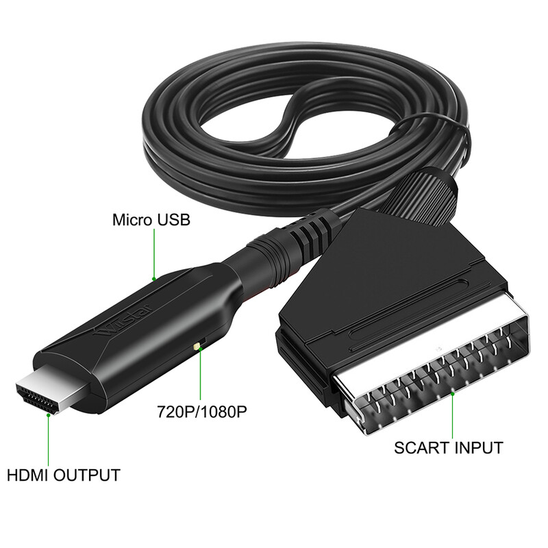 SCART į HDMI keitiklis su kabeliu, Scart į HDMI išvestis HD 720P/1080P vaizdo garso konverterio adapteris HDTV DVD