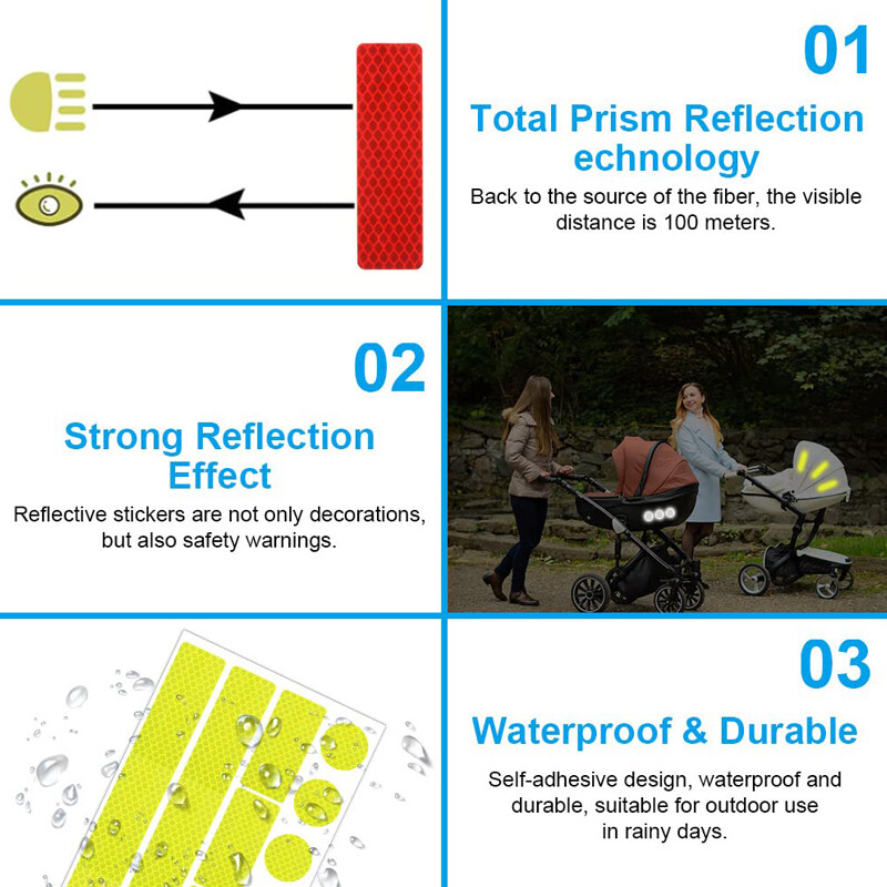 Puikiai matomi šviesą atspindintys lipdukai, skirti drabužiams kuprinėms, sunkvežimiams, vežimėliams