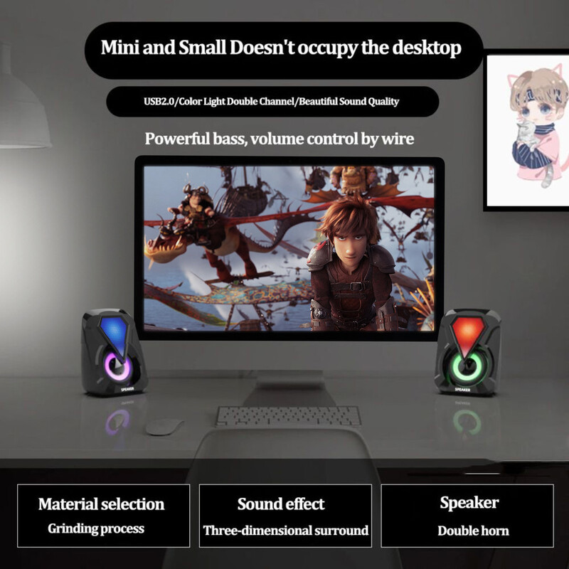 USB laidinis kompiuterio garsiakalbis, žemųjų dažnių stereofoninis garsiakalbis, spalvotas RGB apšvietimas, nešiojamas kompiuteris, išmanusis telefonas, MP3 grotuvas