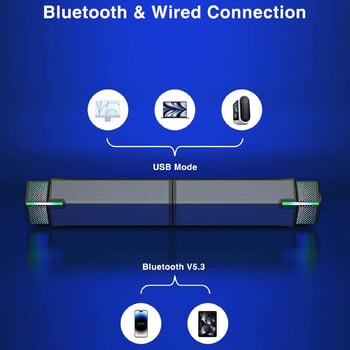 Ηχεία υπολογιστή Bluetooth για οθόνη επιτραπέζιου υπολογιστή, μπάρα ήχου υπολογιστή παιχνιδιών-ενσύρματο USB-τροφοδοτούμενο, εξαιρετικό στερεοφωνικό ήχο, με φωτισμό LED