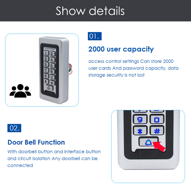 Veekindel metallist sõrmejälgede juurdepääsukontrolli klaviatuur RFID125Khz sisseehitatud disainilugeja klahvistik Integreeritud juurdepääsukontrolli ukselukk