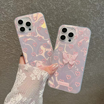 Για iPhone 15 Pro 16 Plus 14 Pro Max 13 12 11 X XS XR 7 8 SE Romantic Pink Heart Butterfly Luster επένδυση Σκληρή ψηλή θήκη τηλεφώνου