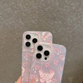 Για iPhone 15 Pro 16 Plus 14 Pro Max 13 12 11 X XS XR 7 8 SE Romantic Pink Heart Butterfly Luster επένδυση Σκληρή ψηλή θήκη τηλεφώνου