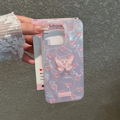 За iPhone 15 Pro 16 Plus 14 Pro Max 13 12 11 X XS XR 7 8 SE Romantic Pink Heart Butterfly Lustre Lining Hard High Phone Case