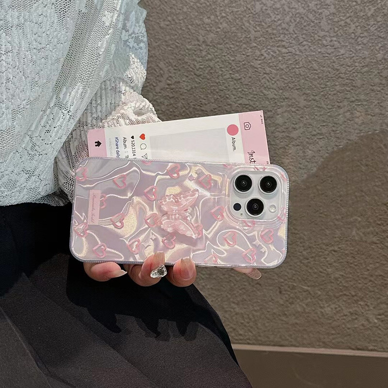 За iPhone 15 Pro 16 Plus 14 Pro Max 13 12 11 X XS XR 7 8 SE Romantic Pink Heart Butterfly Lustre Lining Hard High Phone Case