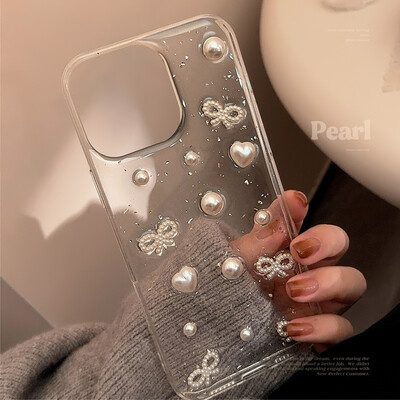 3D перлен лък сребърен фолиен калъф за телефон за iPhone 16 15 14 13 12 11 Pro Max Mini XS Max XR X 7 Plus Сладък прозрачен мек силиконов капак