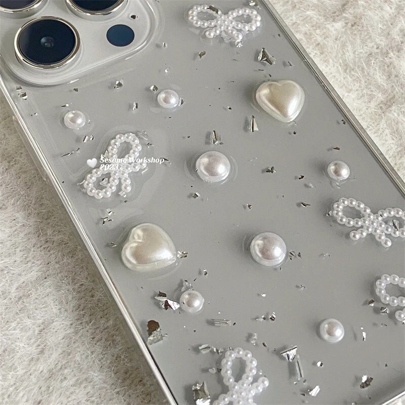 3D перлен лък сребърен фолиен калъф за телефон за iPhone 16 15 14 13 12 11 Pro Max Mini XS Max XR X 7 Plus Сладък прозрачен мек силиконов капак