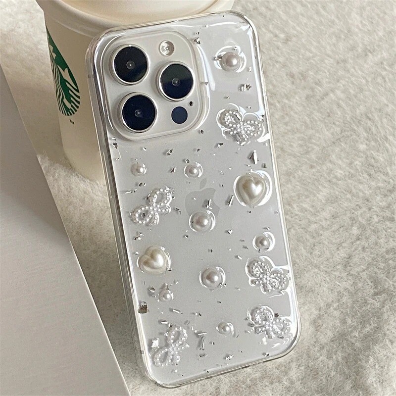 3D перлен лък сребърен фолиен калъф за телефон за iPhone 16 15 14 13 12 11 Pro Max Mini XS Max XR X 7 Plus Сладък прозрачен мек силиконов капак