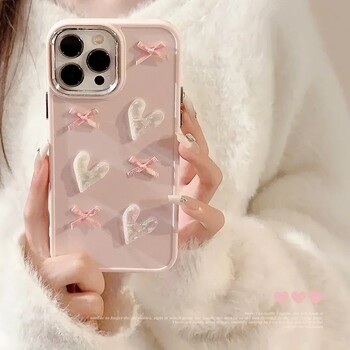 Θήκη τηλεφώνου 3D Pink Love Heart Bow για IPhone16 15 14 12 13 11 ProMax Mini Plus X XR Αντικραδασμικό κάλυμμα τηλεφώνου