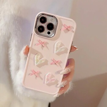 Θήκη τηλεφώνου 3D Pink Love Heart Bow για IPhone16 15 14 12 13 11 ProMax Mini Plus X XR Αντικραδασμικό κάλυμμα τηλεφώνου