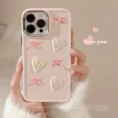 Θήκη τηλεφώνου 3D Pink Love Heart Bow για IPhone16 15 14 12 13 11 ProMax Mini Plus X XR Αντικραδασμικό κάλυμμα τηλεφώνου