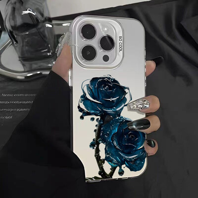 Πολυτελής Ice Blue Rose Electroplate Ασημένια Θήκη IMD για iPhone 16 15 14 Pro Max 11 12 13 Pro 7 8 Plus X XR Αντικραδασμικό πίσω κάλυμμα