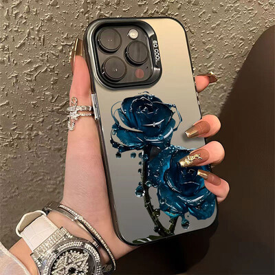 Πολυτελής Ice Blue Rose Electroplate Ασημένια Θήκη IMD για iPhone 16 15 14 Pro Max 11 12 13 Pro 7 8 Plus X XR Αντικραδασμικό πίσω κάλυμμα