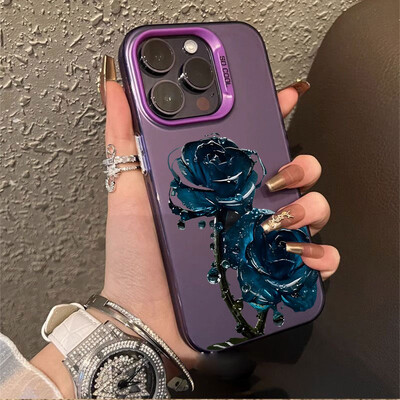 Πολυτελής Ice Blue Rose Electroplate Ασημένια Θήκη IMD για iPhone 16 15 14 Pro Max 11 12 13 Pro 7 8 Plus X XR Αντικραδασμικό πίσω κάλυμμα
