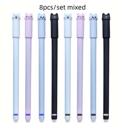 4/8/12 buc Set de pixuri cu gel ștergebile pentru pisici creative, 0,5 mm, mâner lavabil, cerneală magică albastră/neagră, rezerve ștergebile, tijă, papetărie pentru scris