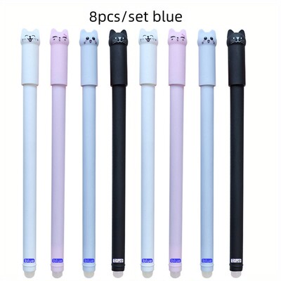 4/8/12 buc Set de pixuri cu gel ștergebile pentru pisici creative, 0,5 mm, mâner lavabil, cerneală magică albastră/neagră, rezerve ștergebile, tijă, papetărie pentru scris
