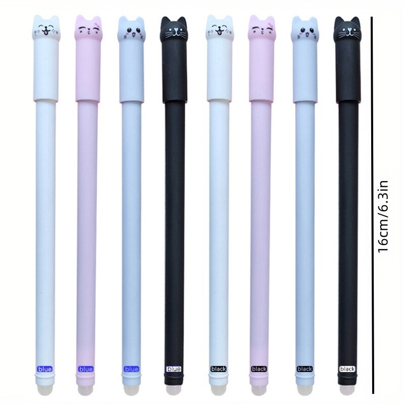 4/8/12 buc Set de pixuri cu gel ștergebile pentru pisici creative, 0,5 mm, mâner lavabil, cerneală magică albastră/neagră, rezerve ștergebile, tijă, papetărie pentru scris