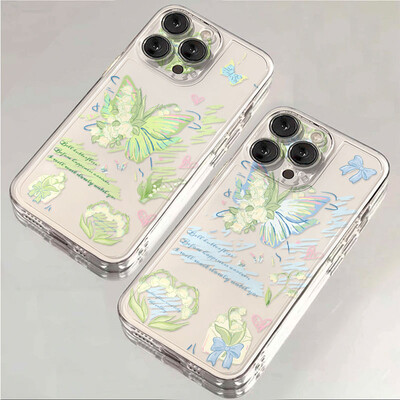 INS Blue Green Butterfly Simple Transparent Phone Case за iPhone 16 15 14 13 12 11 Pro Max XR XS MAX 7 8 PLUS MINI Y2K Cover