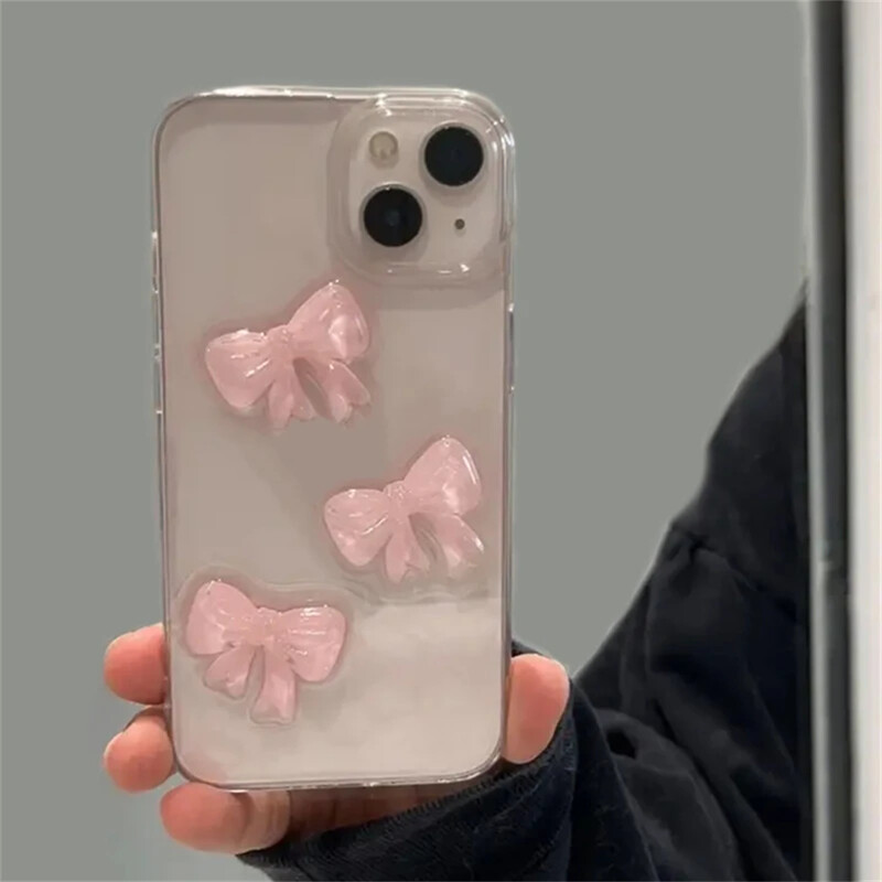 Armas 3D Pink Bowknot läbipaistev ümbris iPhone 16 14 12 11 Pro Max 12 MiNi 15 Plus XSX XR 7 8 SE2 Jaapani Korean Girl Epoxy Soft Case jaoks