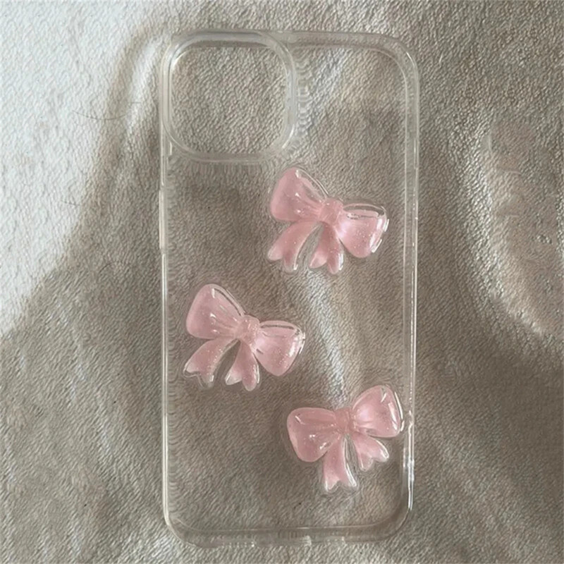 Armas 3D Pink Bowknot läbipaistev ümbris iPhone 16 14 12 11 Pro Max 12 MiNi 15 Plus XSX XR 7 8 SE2 Jaapani Korean Girl Epoxy Soft Case jaoks