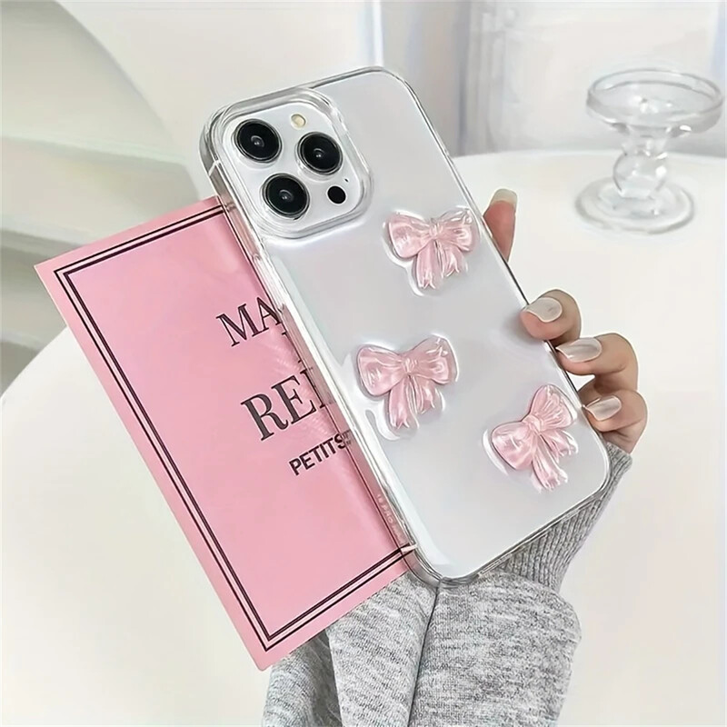 Armas 3D Pink Bowknot läbipaistev ümbris iPhone 16 14 12 11 Pro Max 12 MiNi 15 Plus XSX XR 7 8 SE2 Jaapani Korean Girl Epoxy Soft Case jaoks