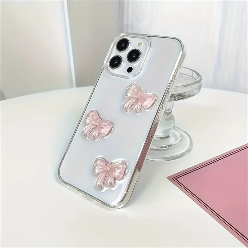 Armas 3D Pink Bowknot läbipaistev ümbris iPhone 16 14 12 11 Pro Max 12 MiNi 15 Plus XSX XR 7 8 SE2 Jaapani Korean Girl Epoxy Soft Case jaoks
