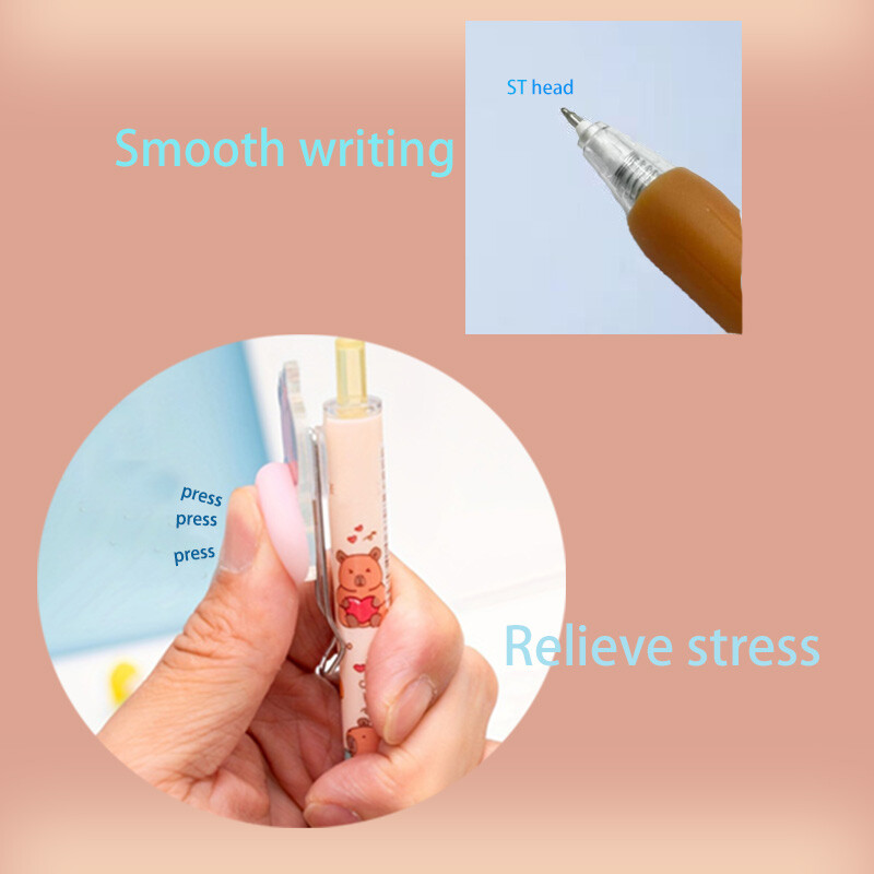 2 pixuri cu gel capibara, cu jucării de decompresie noutate, pix cu cerneală neagră cu uscare rapidă, potrivit pentru studiu și birou