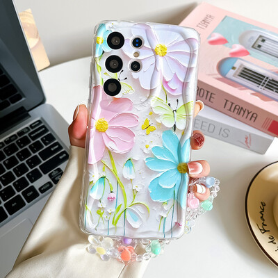 Θήκη τηλεφώνου Wrst Chain Για Samsung S24 S23 S22 S21 S20 FE Plus Ultra A10S 20S 11 02 03 04 05S Flower Lanyard Μαλακό κάλυμμα TPU