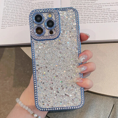 Prabangus „Bling Glitter“ deimantinis dėklas, skirtas „iPhone 16 15 14 13 12 11 Pro Max Plus“, blizgus, galvanizuotas, smūgiams atsparus buferio telefono dangtelis