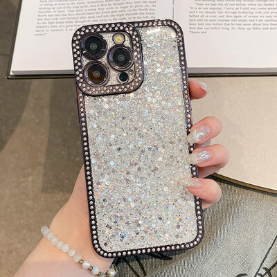 Prabangus „Bling Glitter“ deimantinis dėklas, skirtas „iPhone 16 15 14 13 12 11 Pro Max Plus“, blizgus, galvanizuotas, smūgiams atsparus buferio telefono dangtelis