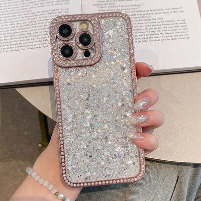 Prabangus „Bling Glitter“ deimantinis dėklas, skirtas „iPhone 16 15 14 13 12 11 Pro Max Plus“, blizgus, galvanizuotas, smūgiams atsparus buferio telefono dangtelis