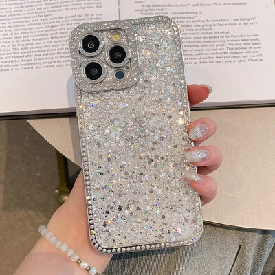Prabangus „Bling Glitter“ deimantinis dėklas, skirtas „iPhone 16 15 14 13 12 11 Pro Max Plus“, blizgus, galvanizuotas, smūgiams atsparus buferio telefono dangtelis
