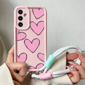 Калъф с каишка за закачане на китката с верижка за Samsung S24 S23 S22 S21 Plus Ultra S20 FE A50 A05 A10 11 03 04 30 20 Капак за ремък с любовно сърце