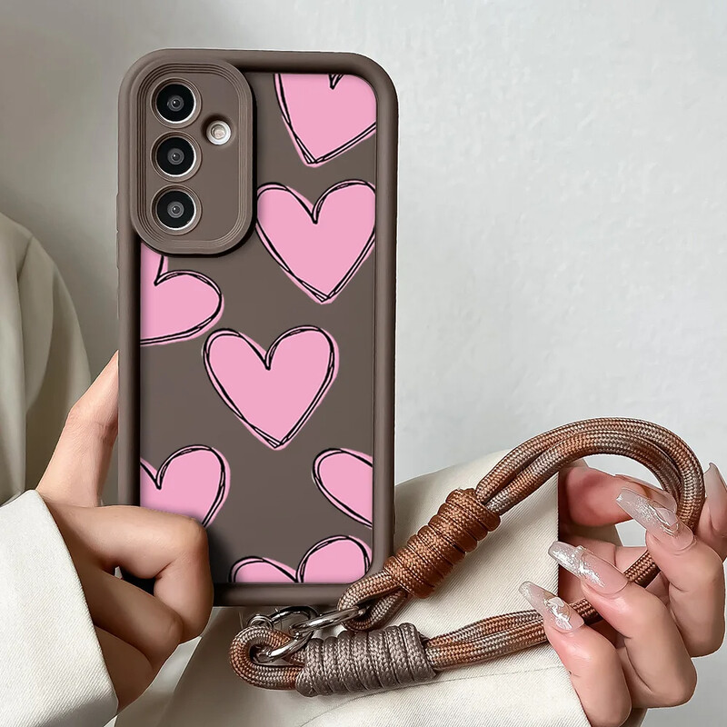 Калъф с каишка за закачане на китката с верижка за Samsung S24 S23 S22 S21 Plus Ultra S20 FE A50 A05 A10 11 03 04 30 20 Капак за ремък с любовно сърце