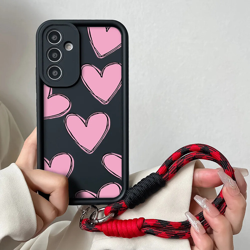 Калъф с каишка за закачане на китката с верижка за Samsung S24 S23 S22 S21 Plus Ultra S20 FE A50 A05 A10 11 03 04 30 20 Капак за ремък с любовно сърце