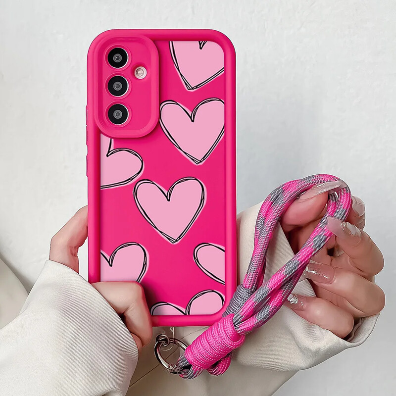 Калъф с каишка за закачане на китката с верижка за Samsung S24 S23 S22 S21 Plus Ultra S20 FE A50 A05 A10 11 03 04 30 20 Капак за ремък с любовно сърце