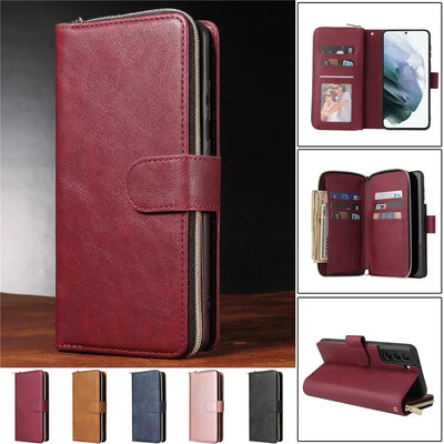 Cipzáras Wallet Multi Card telefontok Samsung Galaxy S24 FE S23 S22 S21 Plus S20 S10 S9 Note 20 Ultra Flip bőr borítással Coque