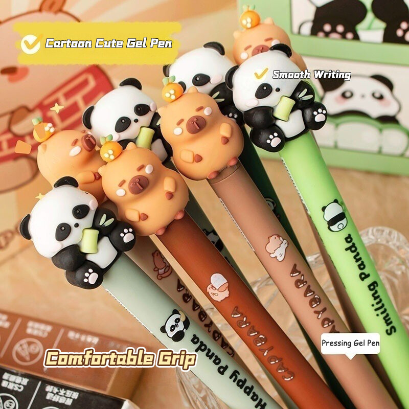 4 бр./компл. Kawaii Cartoon Capybara Panda Gel Pen Creative Бързосъхнеща сладка натискаща се неутрална писалка Коледен подарък за деца