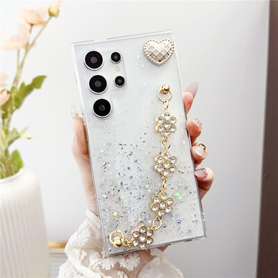 Луксозни бляскави скъпоценни камъни Гривна Калъфи за телефони с цветя за Samsung Galaxy S24 S23 S22 S21 S20 FE Ultra Plus Note 20 Ultra 10 Cover Coque