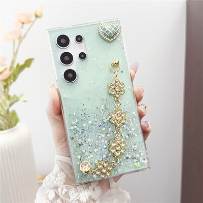 Луксозни бляскави скъпоценни камъни Гривна Калъфи за телефони с цветя за Samsung Galaxy S24 S23 S22 S21 S20 FE Ultra Plus Note 20 Ultra 10 Cover Coque