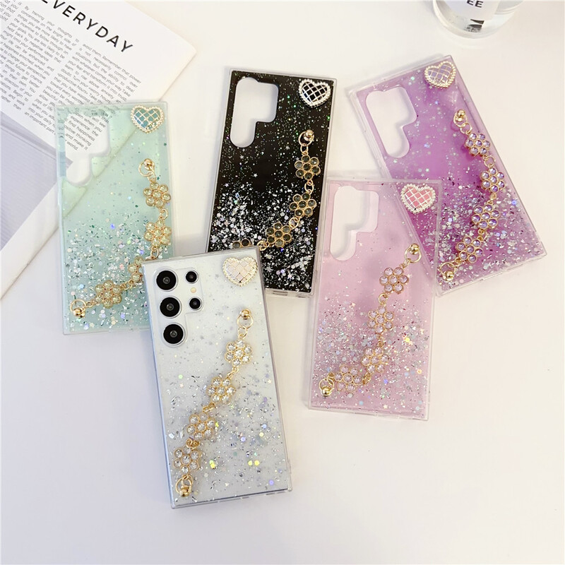 Луксозни бляскави скъпоценни камъни Гривна Калъфи за телефони с цветя за Samsung Galaxy S24 S23 S22 S21 S20 FE Ultra Plus Note 20 Ultra 10 Cover Coque
