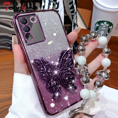 3D Butterfly telefontartó Gyöngy karkötő csillogó bevonatú tok Samsung Galaxy S24 S23 S22 S21 S20 FE Ultra S10 Plus fedélhez