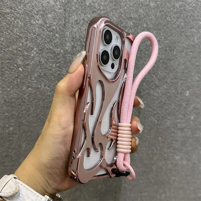 Tuščiaviduris šilumos išsklaidymo 3D liepsnos telefono dėklas, skirtas iPhone 16 Pro Max 15 14 13 12 11 Pro Max Plus Fashion su riešo juostele minkštu dangteliu