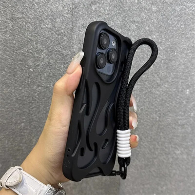 Tuščiaviduris šilumos išsklaidymo 3D liepsnos telefono dėklas, skirtas iPhone 16 Pro Max 15 14 13 12 11 Pro Max Plus Fashion su riešo juostele minkštu dangteliu